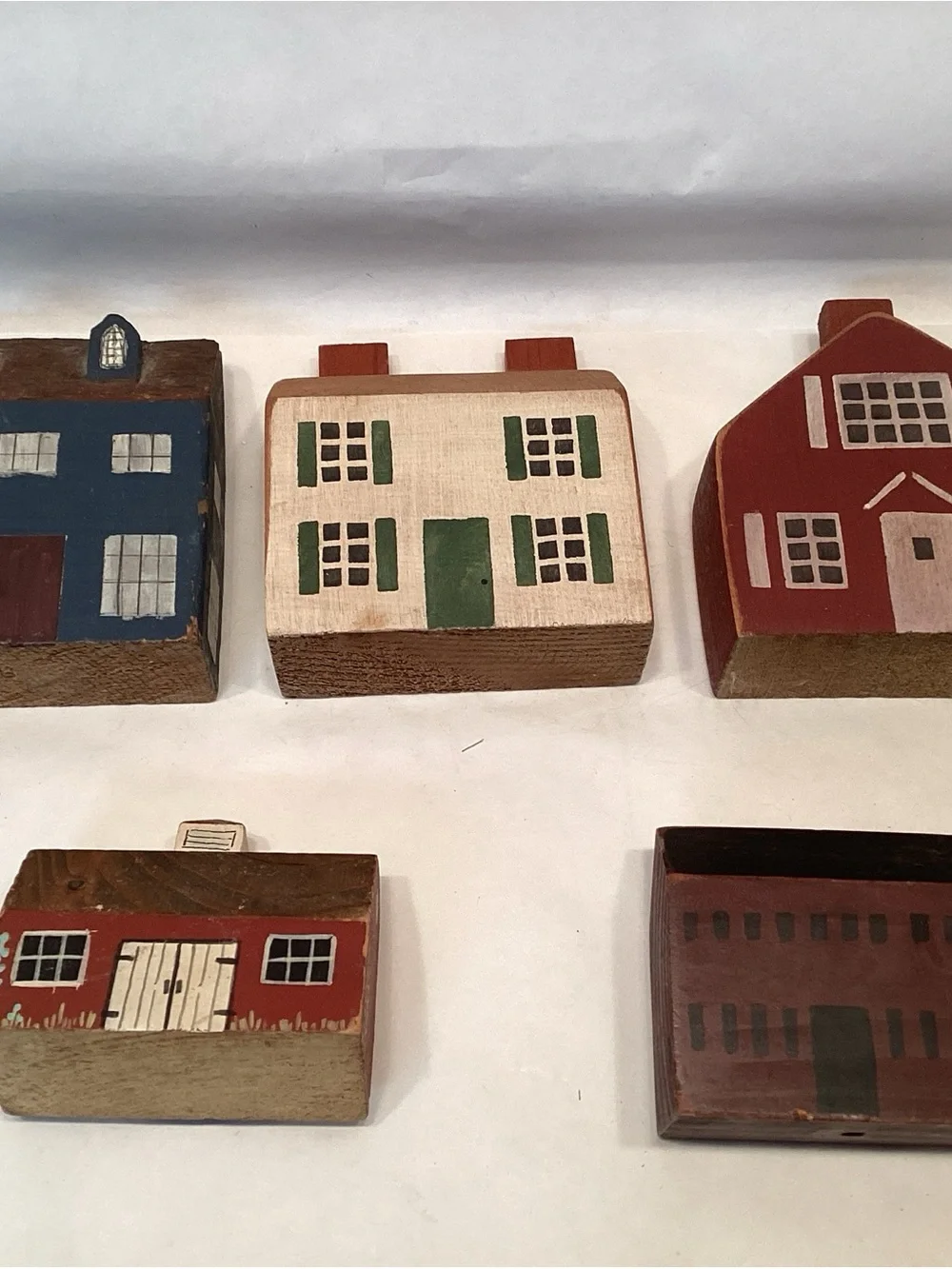 Primitive Folk Art Wood Block Village Houses School Barn Set 5 Of Handmade - Picture 5 of 5
